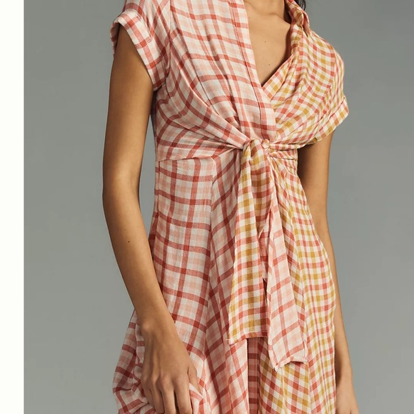 Anthropologie Plaid Wrap Dress in Pink and Yellow. XS please see photo for flaw - Picture 7 of 9